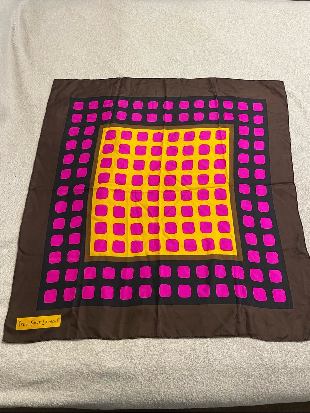 Yves Saint Laurent Brown, Yellow & Pink Graphic Silk Scarf